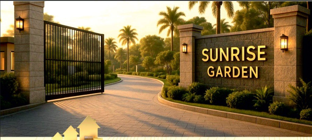 Sunrise Garden gated entrance — open plots near Hyderabad